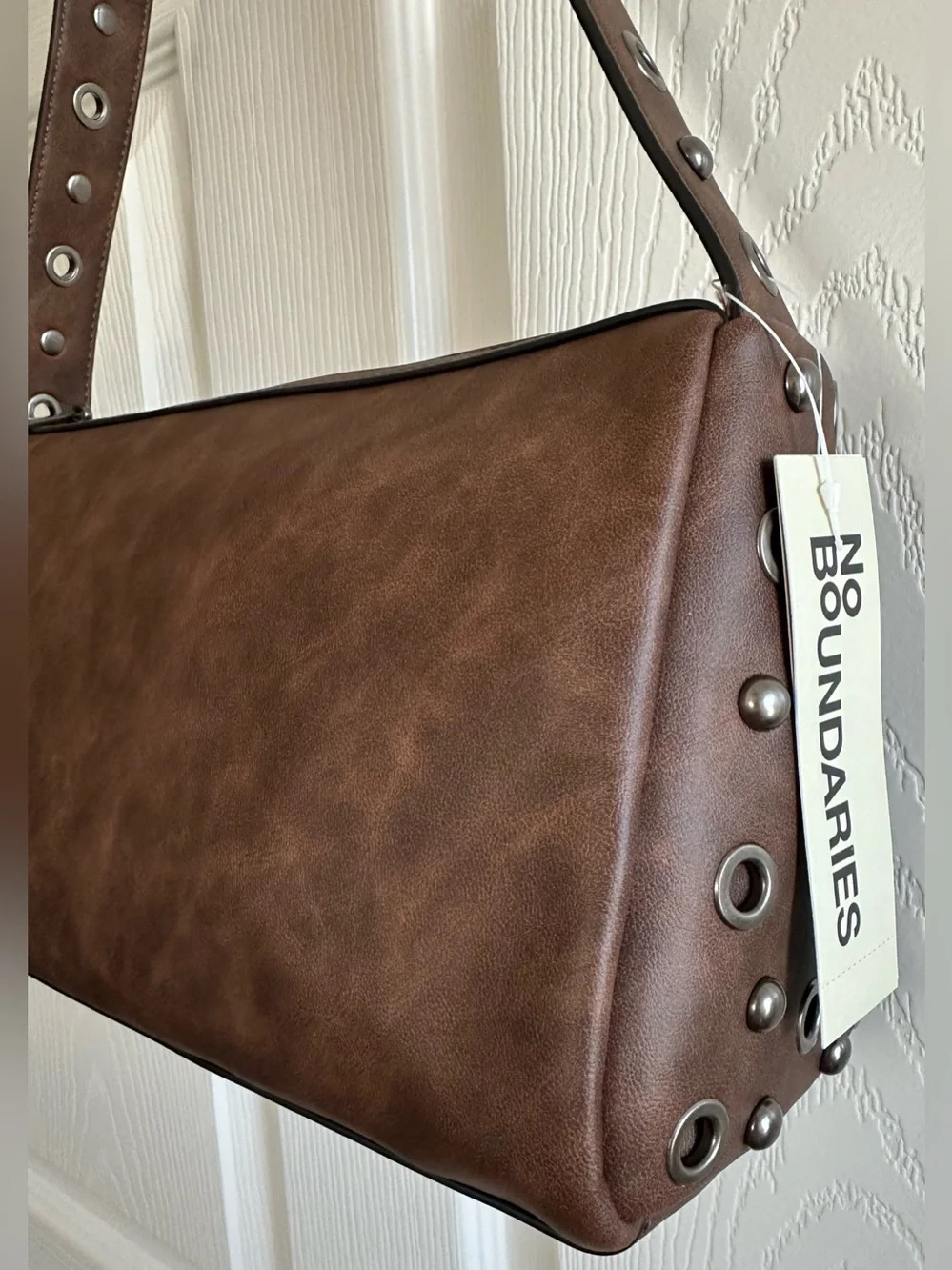 Handbag No Boundaries Faux Leather Studded Moto Shoulder Bag Brown New